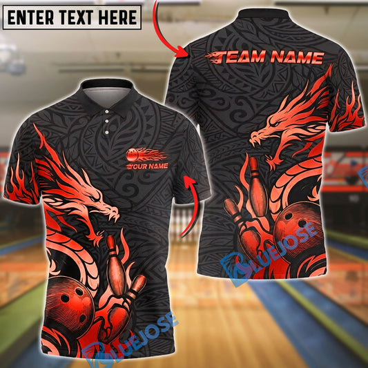 BlueJose Bowling & Pins Dragon Strike Golden Tribal Customized Name, Team Name 3D Shirt (6 Colors)