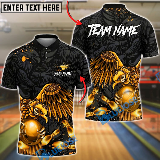 BlueJose Bowling & Pins Golden Eagle Strike Art Customized Name, Team Name 3D Shirt (6 Colors)