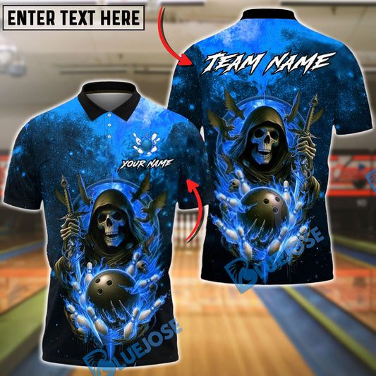 BlueJose Bowling & Pins Grim Reaper Fire Strike Dark Fantasy Style Customized Name, Team Name 3D Shirt (4 Colors)