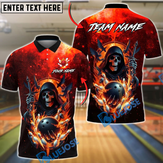 BlueJose Bowling & Pins Grim Reaper Fire Strike Dark Fantasy Style Customized Name, Team Name 3D Shirt (4 Colors)