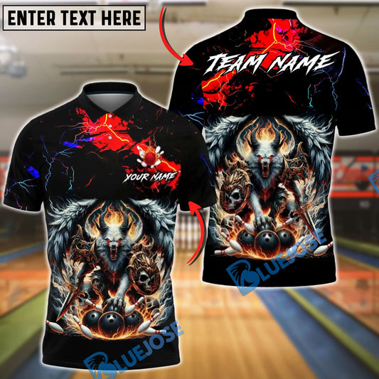 BlueJose Bowling & Pins Hell Wolf Fire Strike Fantasy Style Customized Name, Team Name 3D Shirt (4 Colors)