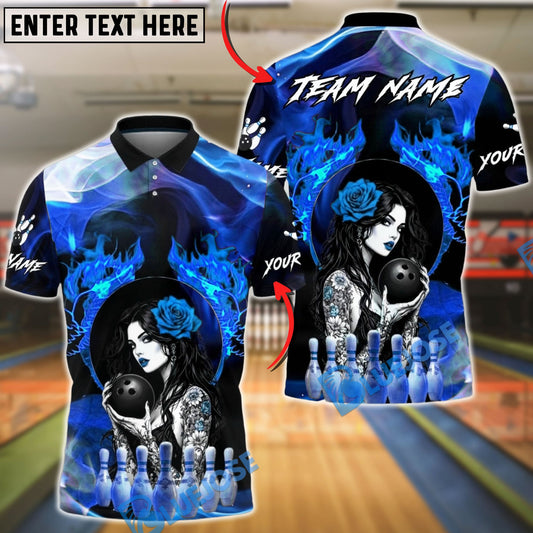 BlueJose Bowling & Pins Sexy Gothic Woman Flame Rose Customized Name, Team Name 3D Shirt (4 Colors)