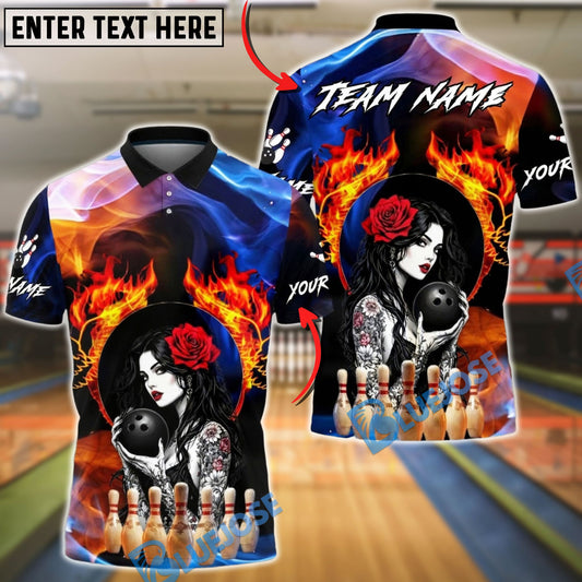 BlueJose Bowling & Pins Sexy Gothic Woman Flame Rose Customized Name, Team Name 3D Shirt (4 Colors)