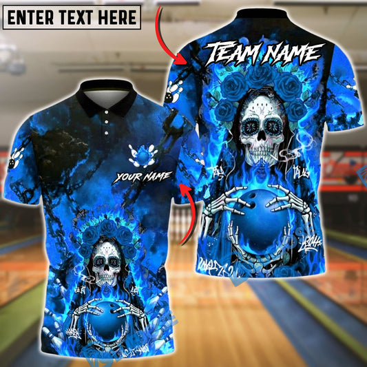BlueJose Bowling & Pins Fiery Sugar Skull Rose Flame Gothic Team Style Customized Name, Team Name 3D Shirt (4 Colors)