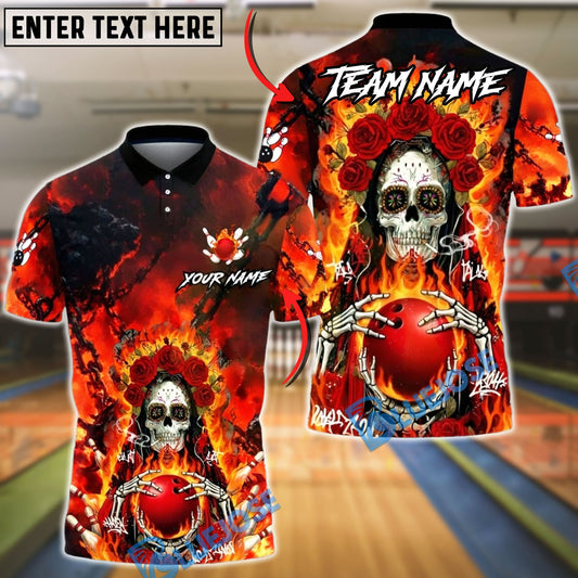 BlueJose Bowling & Pins Fiery Sugar Skull Rose Flame Gothic Team Style Customized Name, Team Name 3D Shirt (4 Colors)