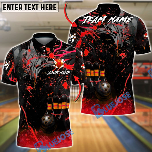 BlueJose Bowling & Pins Black Gold Flame Splash League Style Customized Name, Team Name 3D Shirt (6 Colors)