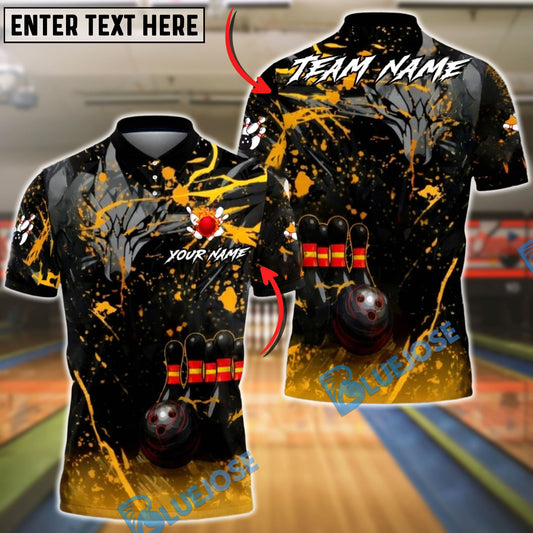 BlueJose Bowling & Pins Black Gold Flame Splash League Style Customized Name, Team Name 3D Shirt (6 Colors)
