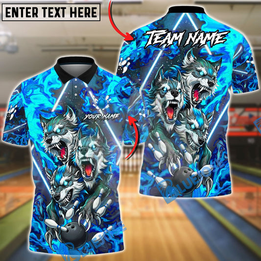 BlueJose Bowling & Pins Triple Wolf Fire Strike Neon Fantasy Style Customized Name, Team Name 3D Shirt (4 Colors)