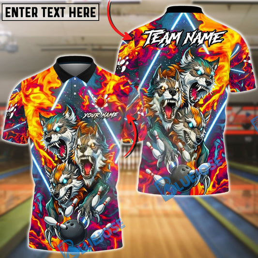 BlueJose Bowling & Pins Triple Wolf Fire Strike Neon Fantasy Style Customized Name, Team Name 3D Shirt (4 Colors)