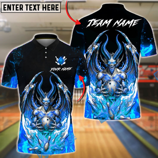 BlueJose Bowling & Pins Hellfire Demon Skull Flame Art Customized Name, Team Name 3D Shirt (4 Colors)
