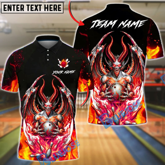 BlueJose Bowling & Pins Hellfire Demon Skull Flame Art Customized Name, Team Name 3D Shirt (4 Colors)