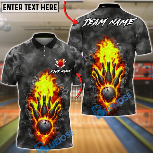 BlueJose Bowling & Pins Toxic Flame Dark Smoke Customized Name, Team Name 3D Shirt (4 Colors)