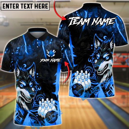 BlueJose Bowling & Pins Fierce Wolf Neon Art Customized Name, Team Name 3D Shirt (4 Colors)