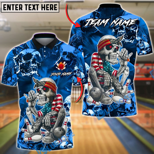 BlueJose Bowling & Pins American Patriot Skeleton Cigar Art Customized Name, Team Name 3D Shirt (4 Colors)