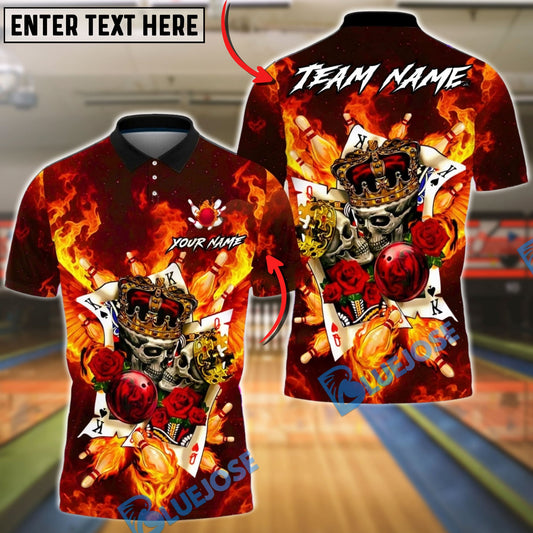 BlueJose Bowling & Pins Royal Flame Skull King Card Art Customized Name, Team Name 3D Shirt (4 Colors)