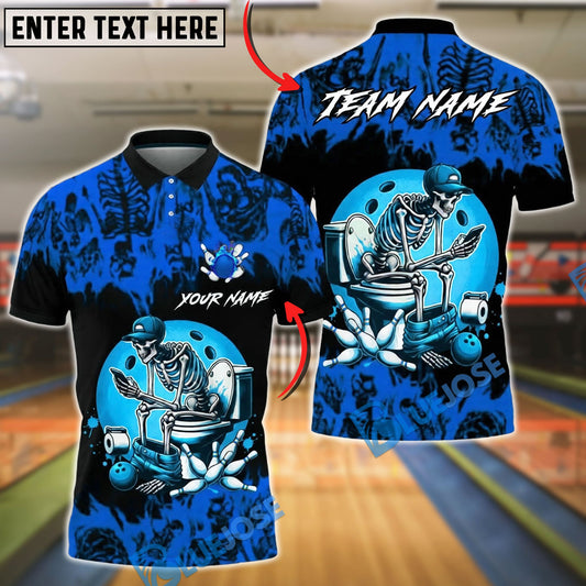 BlueJose Bowling & Pins Funny Skeleton Toilet Humor Art Customized Name, Team Name 3D Shirt (4 Colors)