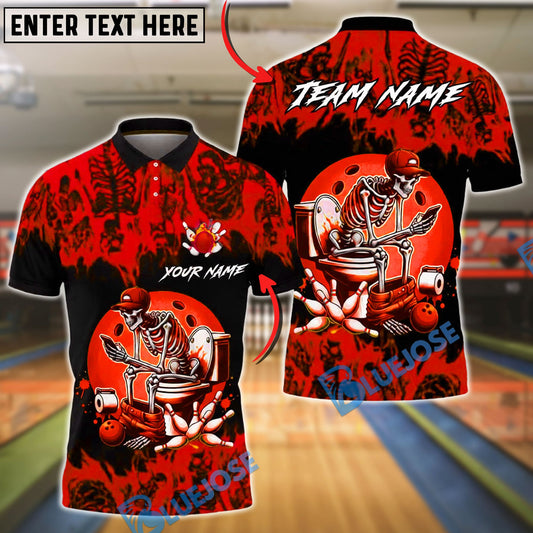 BlueJose Bowling & Pins Funny Skeleton Toilet Humor Art Customized Name, Team Name 3D Shirt (4 Colors)