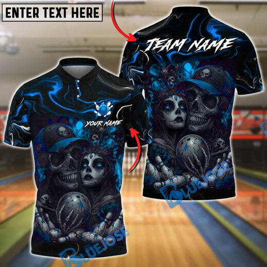 BlueJose Bowling & Pins Bloody Skull Couple Horror Art Customized Name, Team Name 3D Shirt (4 Colors)