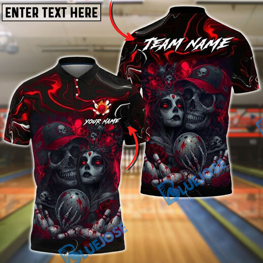 BlueJose Bowling & Pins Bloody Skull Couple Horror Art Customized Name, Team Name 3D Shirt (4 Colors)