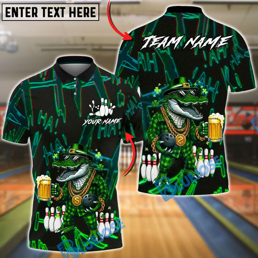 BlueJose Bowling & Pins Lucky Irish Crocodile Beer Customized Name, Team Name 3D Shirt (4 Colors)