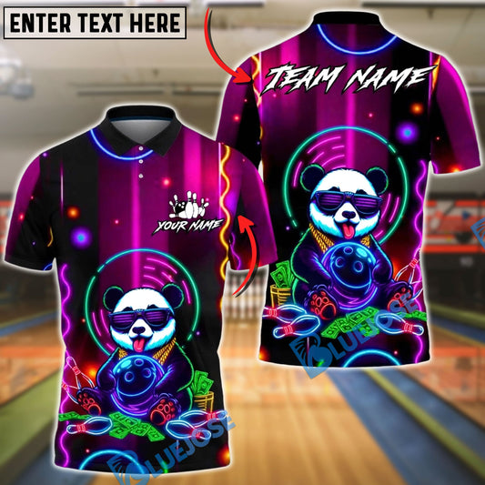 BlueJose Bowling & Pins Neon Panda Money Style Customized Name, Team Name 3D Shirt (4 Colors)