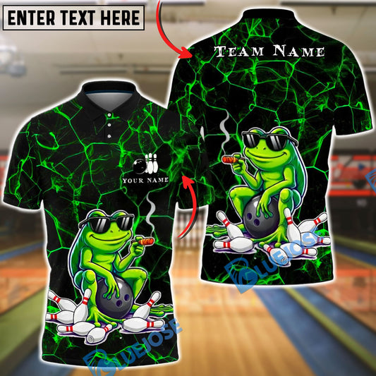 BlueJose Bowling & Pins Cool Frog Smoking Style Customized Name, Team Name 3D Shirt (4 Colors)