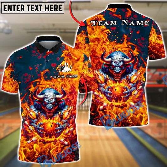 BlueJose Bowling & Pins Inferno Bull Flame Power Customized Name, Team Name 3D Shirt (4 Colors)