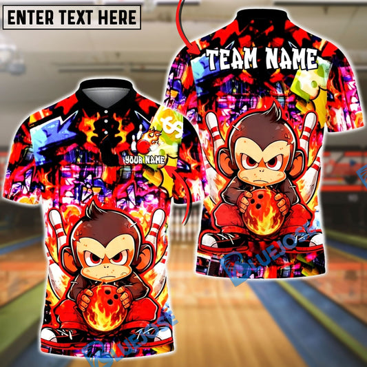 BlueJose Bowling & Pins Graffiti Monkey Fire Ball Street Art Customized Name, Team Name 3D Shirt (4 Colors)
