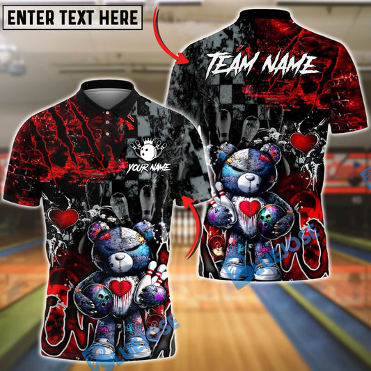 BlueJose Bowling And Pins Gothic Teddy Bear Dark Art Customized Name, Team Name 3D Shirt (4 Colors)