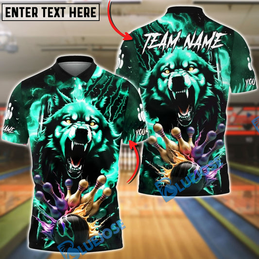 BlueJose Bowling & Pins Neon Wolf Power Strike Customized Name, Team Name 3D Shirt (4 Colors)