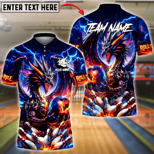 BlueJose Bowling & Pins Dragon Fire Lightning Fantasy Customized Name, Team Name 3D Shirt (4 Colors)