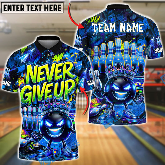 BlueJose Bowling And Pins Neon Bowling Ball Never Give Up Graffiti Style Customized Name, Team Name 3D Shirt (4 Colors)