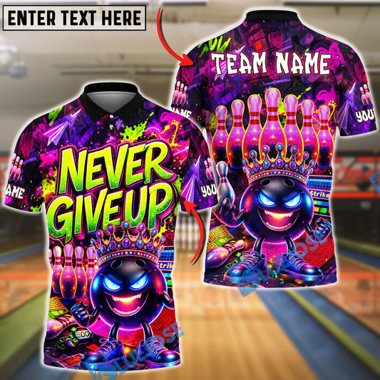 BlueJose Bowling And Pins Neon Bowling Ball Never Give Up Graffiti Style Customized Name, Team Name 3D Shirt (4 Colors)