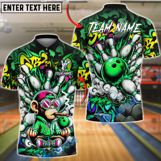 BlueJose Bowling And Pins Graffiti Monkey Street Art Explosion Customized Name, Team Name 3D Shirt (6 Colors)