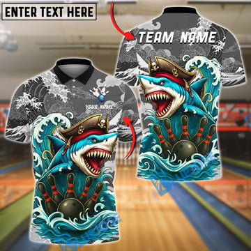 BlueJose Bowling And Pins Shark Pirate Design Customized Name, Team Name 3D Shirt (4 Colors)