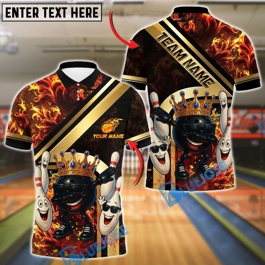 BlueJose Bowling And Pins Royal Fireball Gold Stripe Dab Design Customized Name, Team Name 3D Shirt (4 Colors)