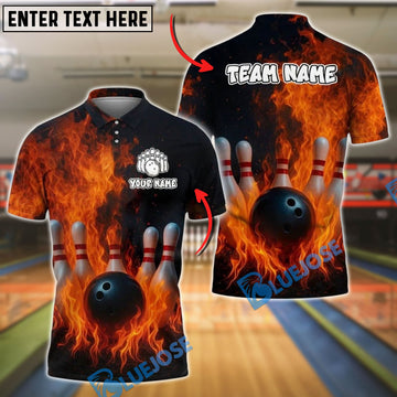 BlueJose Bowling And Pins Big Flame Customized Name, Team Name 3D Shirt (4 Colors)
