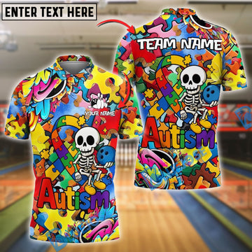 BlueJose Bowling Skull Colorful Puzzle Cartoon Autism Awareness Personalized Name, Team Name Unisex Shirt