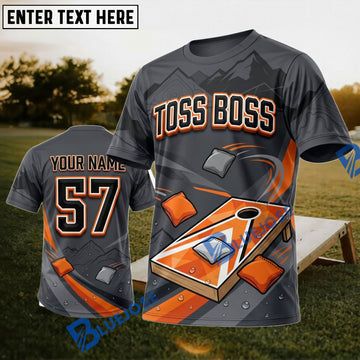 BlueJose Cornhole Toss Boss Gray Orange Personalized Name 3D Unisex Shirt