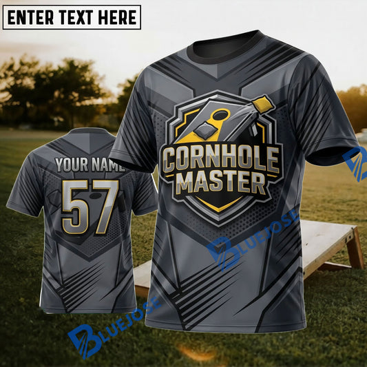 BlueJose Cornhole Master Gray Gold Personalized Name 3D Unisex Shirt