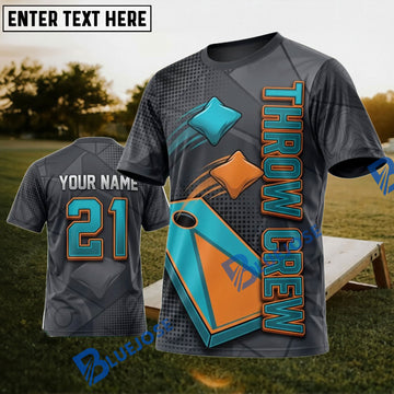 BlueJose Cornhole Throw Crew Gray Orange Personalized Name 3D Unisex Shirt