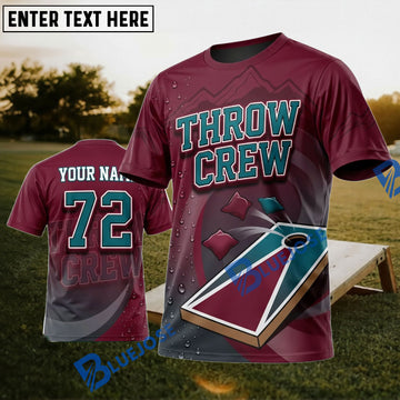BlueJose Cornhole Throw Crew Burgundy Teal Board Personalized Name 3D Unisex Shirt