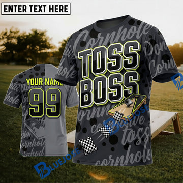 BlueJose Cornhole Toss Boss Black Typography Personalized Name 3D Unisex Shirt
