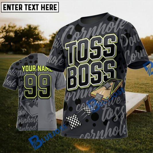 BlueJose Cornhole Toss Boss Black Typography Personalized Name 3D Unisex Shirt