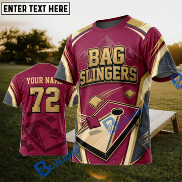 BlueJose Cornhole Bag Slingers Burgundy Gold Personalized Name 3D Unisex Shirt