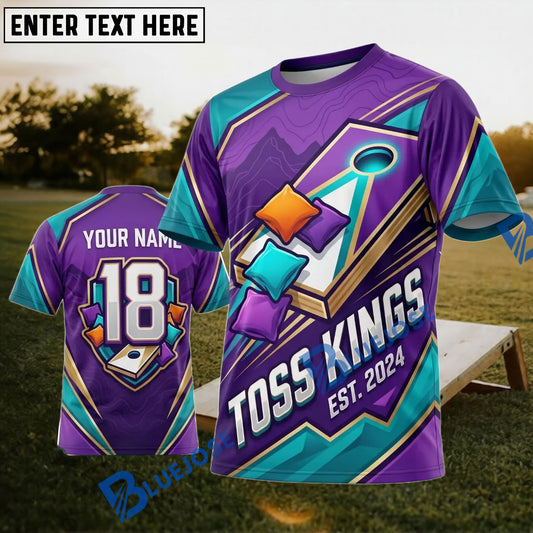 BlueJose Cornhole Toss Kings Purple Teal Personalized Name 3D Unisex Shirt