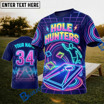 BlueJose Cornhole Hole Hunters Neon Personalized Name 3D Unisex Shirt