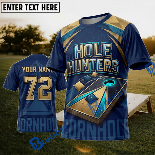 BlueJose Cornhole Hole Hunters Navy Gold Personalized Name 3D Unisex Shirt