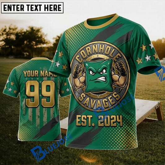 BlueJose Cornhole Green Vintage Est. 2024 Mascot Personalized Name 3D Unisex Shirt