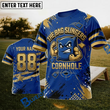 BlueJose Cornhole Bag Slingers Blue Gold Mascot Personalized Name 3D Unisex Shirt